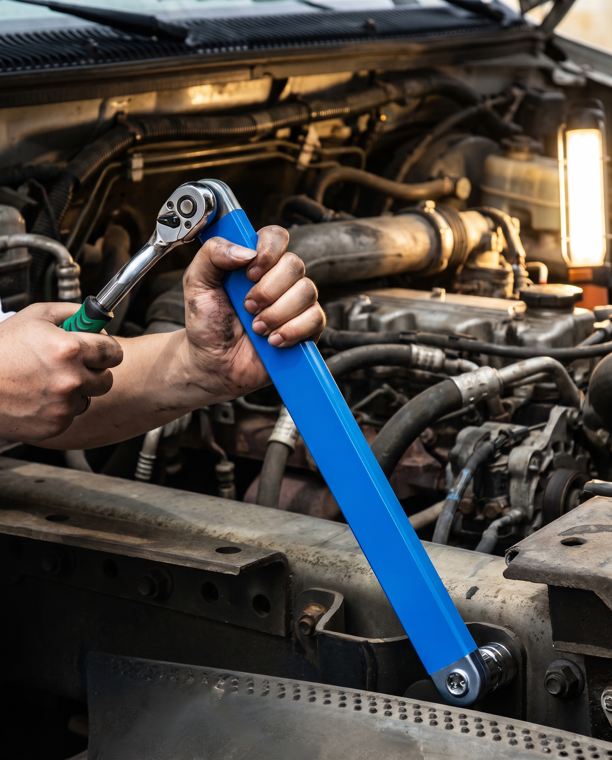 Mécanicien serrant un boulon sous le capot d'un moteur avec la clé à cliquet déportée APEXOR™